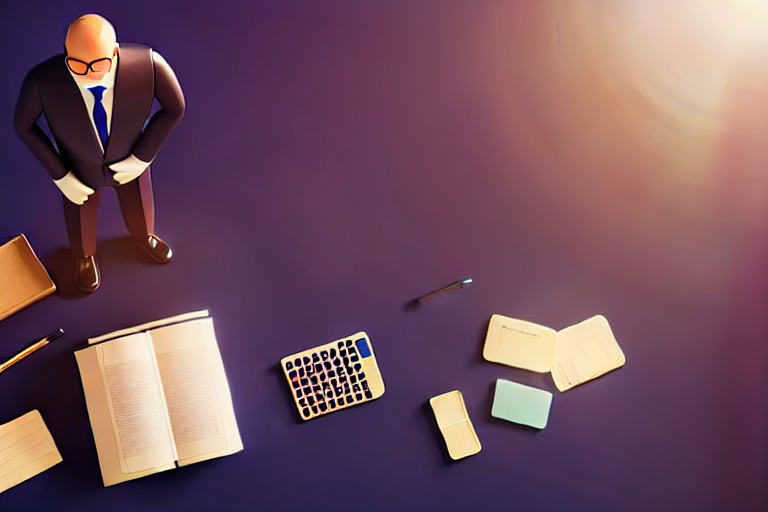 accountant man siting on his office desk top view with flying economic icons in the air perfect c (1)